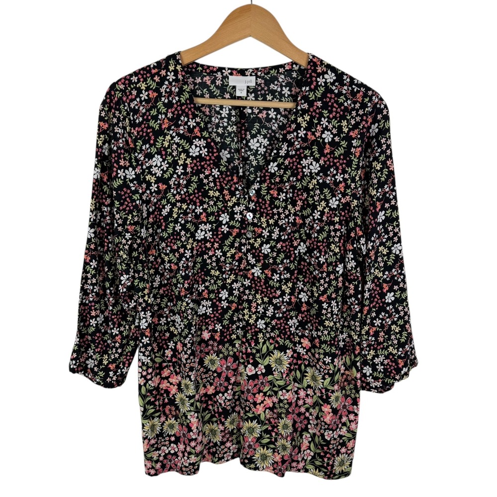 J Jill Black Floral Blouse Medium Multicolor Lightweight Boho‎ Bloomcore Cottage